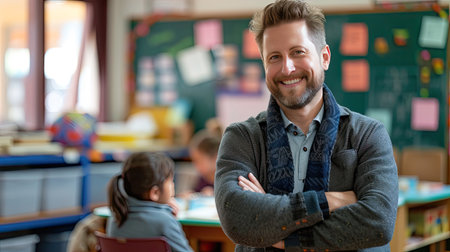 Teacher man standing smile with arms crossed in the classroom. AI Generated.の素材