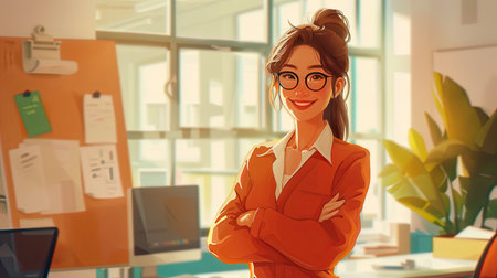 Teacher woman standing smile with arms crossed in the classroom. AI Generated. Watercolor AI Style.の素材