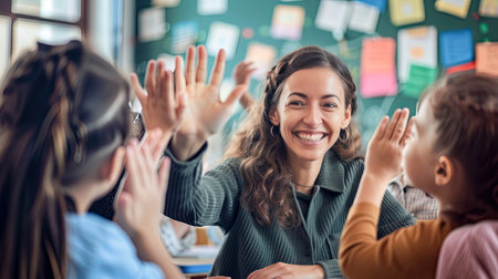 Happy elementary school teacher giving high-five to her student during class in the classroom. - Generative AI.の素材