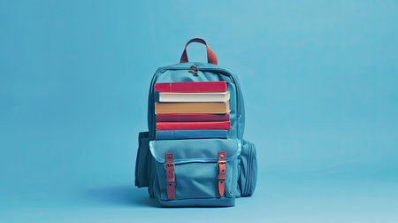 Full school backpack with books isolated on blue background with copy space. Back to School concept. Generative AI.の素材