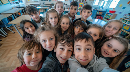Class selfie in an elementary school. Kids taking a picture together in a co-ed school in a classroom. AI Generated.の素材