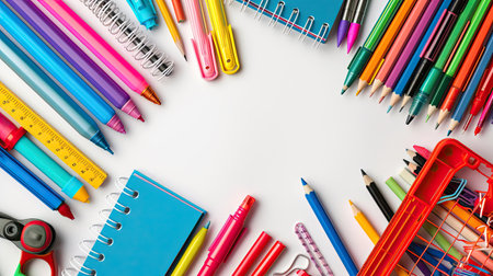 Set of stationery and school supplies laying on white table surface ground. isolated on white background. - Generative AI.の素材