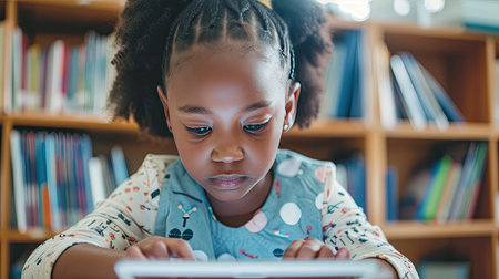 Schoolgirl using a tablet computer in elementary school in computer science class. - AI Generated.の素材