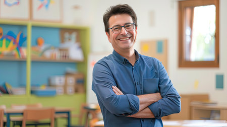 Teacher man standing smile with arms crossed in the classroom. AI Generated.の素材