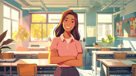 Teacher woman standing smile with arms crossed in the classroom. AI Generated. Watercolor AI Style.の素材