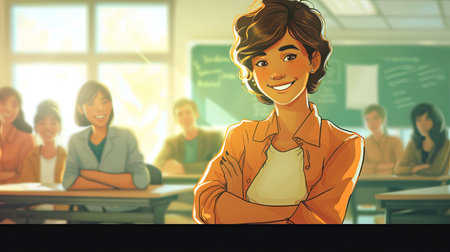 Teacher woman standing smile with arms crossed in the classroom. AI Generated. Watercolor AI Style.の素材