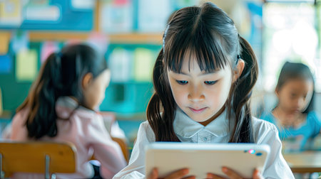 Schoolgirl using a tablet computer in elementary school in computer science class. - AI Generated.の素材
