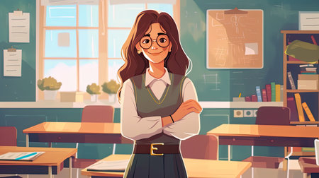 Teacher woman standing smile with arms crossed in the classroom. AI Generated. Watercolor AI Style.の素材