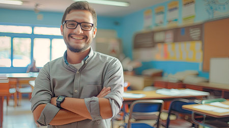 Teacher man standing smile with arms crossed in the classroom. AI Generated.の素材
