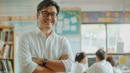 Teacher man standing smile with arms crossed in the classroom. AI Generated.の素材