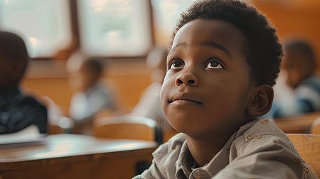 African american elementary schoolboy peeking on classmate's answer during test in primary school, sitting in classroom. AI Generated.の素材