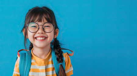 Back to school concept. Portrait Young asian girl with dark hair and round glasses happy funny cute little child girl smiling and laugh hug books, studio shot isolated blue background. Kid from preschool kindergarten with school bag education - AI Generated.の素材