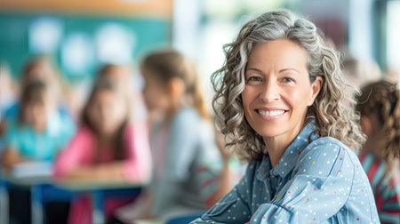 Portrait of smiling teacher in a class at elementary school looking at camera with learning students on background. - AI Generated.