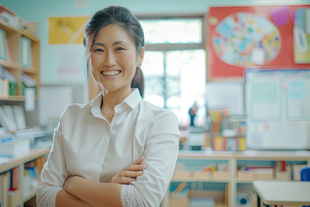 Teacher woman standing smile with arms crossed in the classroom. AI Generated.の素材
