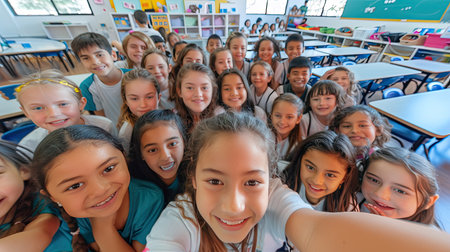 Class selfie in an elementary school. Kids taking a picture together in a co-ed school in a classroom. AI Generated.の素材