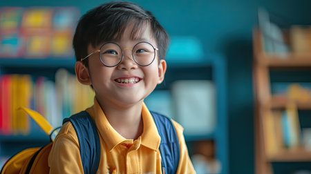 Back to school concept. Young asian boy with dark hair and round glasses happy funny cute little child boy smiling and laugh hug books, studio shot isolated blue background. Kid from preschool kindergarten with school bag education - AI Generated.の素材