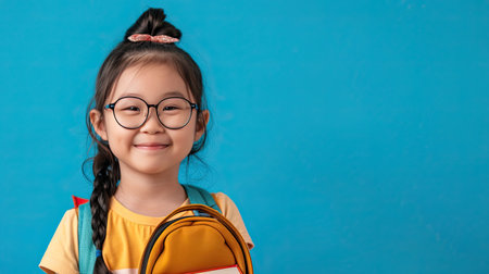 Back to school concept. Portrait Young asian girl with dark hair and round glasses happy funny cute little child girl smiling and laugh hug books, studio shot isolated blue background. Kid from preschool kindergarten with school bag education - AI Generated.の素材