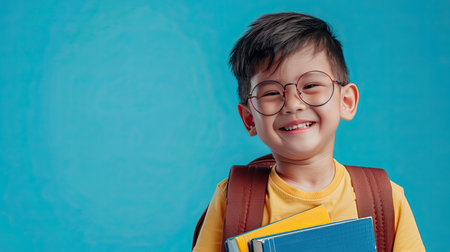 Back to school concept. Young asian boy with dark hair and round glasses happy funny cute little child boy smiling and laugh hug books, studio shot isolated blue background. Kid from preschool kindergarten with school bag education - AI Generated.の素材