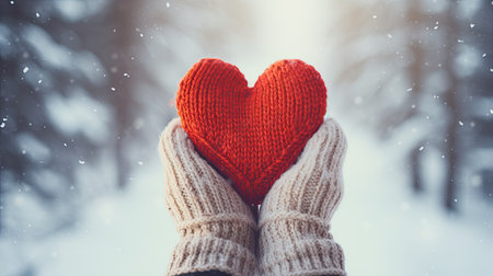 Female hands in knitted mittens with knitted heart on a snowy winter day.の素材