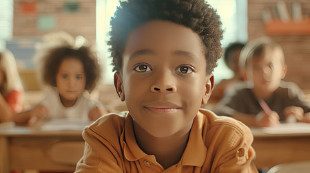 African american elementary schoolboy peeking on classmate's answer during test in primary school, sitting in classroom. AI Generated.の素材