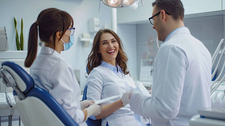 Medical dentist team in dental office discuss about practice and examining list of patients.の素材