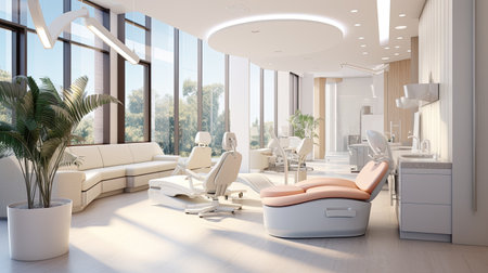 Generative AI picture of equipped dental clinic with a modern seat and tools dentist specialist concept.の素材