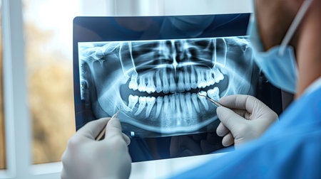 Doctor points to filled root canal in dental x-ray.の素材