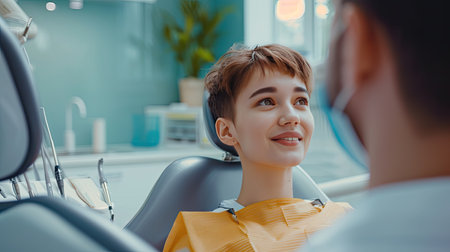 Attractive woman in dental clinic office and look at doctor with confidence, she has perfect smile. professional doctor of clinic use special sterilized medical instruments.の素材