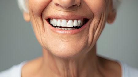 Cropped image of smiling Elderly people with white teeth isolated on grey background. Dentis concept. Ai generative.の素材