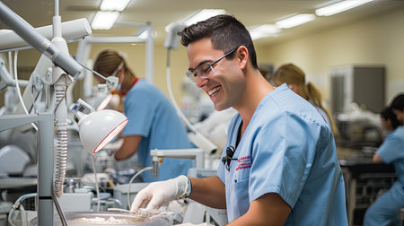Dentist Student Working With Modern Equipment In Class.の素材