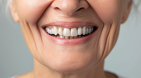 Cropped image of smiling Elderly people with white teeth isolated on grey background. Dentis concept. Ai generative.の素材