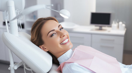 Image of pretty woman sitting in dental chair while professional doctor fixing her teeth.の素材