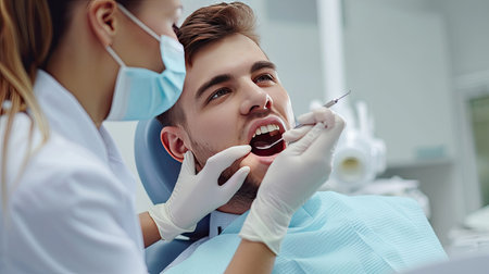 Closeup charismatic young patient and his dentist in dental room , dentis woman showing to her patient the results after a oral hygiene procedure.の素材
