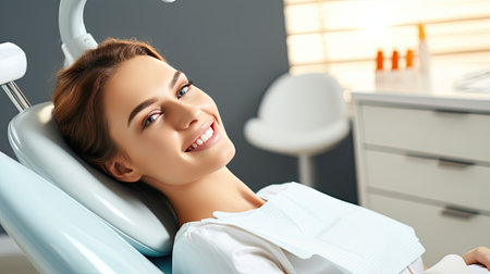 Image of pretty woman sitting in dental chair while professional doctor fixing her teeth.の素材