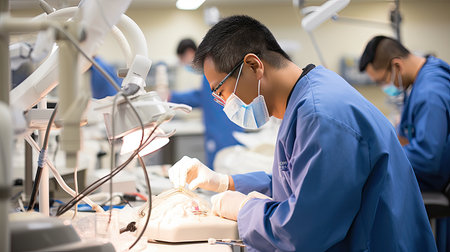 Dentist Student Working With Modern Equipment In Class.の素材