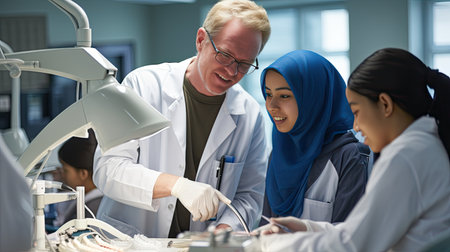 Teacher Imparting Knowledge To Students During Dental Surgery Class.の素材
