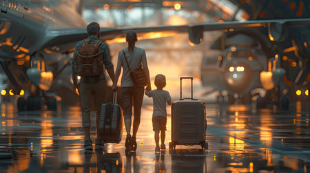 Family dad mom and child are carrying suitcases on the background of a blurred plane. AI Generated.の素材