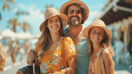 Family of four with their luggage in an airport parking lot. They are dressed in summer clothes. They are smiling and feeling good about things - AI Generated.の素材