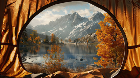 POV from a camping tent: scenic view of the mountains in the autumn. AI Generated.の素材