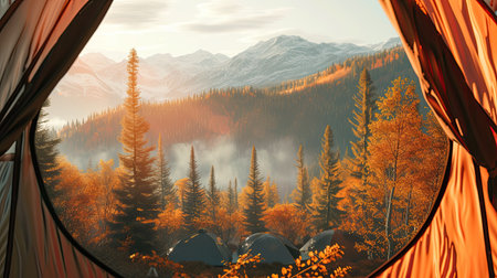 POV from a camping tent: scenic view of the mountains in the autumn. AI Generated.の素材