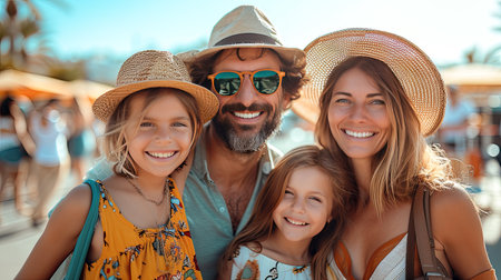 Family of four with their luggage in an airport parking lot. They are dressed in summer clothes. They are smiling and feeling good about things - AI Generated.の素材
