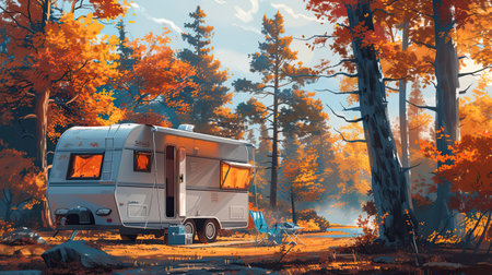 Happy family on a camping trip relaxing in the autumn forest. Camper trailer. Fall season outdoors trip. AI Generated.の素材