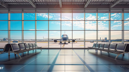 A fleet of aircraft is parked on the taxiway of the international airport runway. View of the terminal's panoramic window. Air freight background.の素材