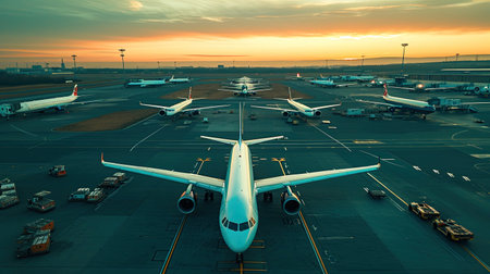 A fleet of aircraft is parked on the taxiway of the international airport runway. View of the terminal's panoramic window. Air freight background.の素材