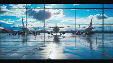 A fleet of aircraft is parked on the taxiway of the international airport runway. View of the terminal's panoramic window. Air freight background.の素材