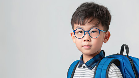 Young asian boy round glasses in excitement to go to school , he wearing a blue backpack, against white background. His expression is one of eager anticipation and joy. AI Generated.の素材