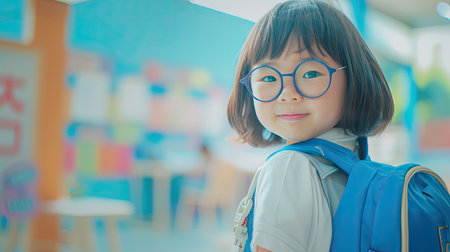 Young asian girl round glasses in excitement to go to school , she wearing a blue backpack in classroom is blur background. Her expression is one of eager anticipation and joy. AI Generated.の素材