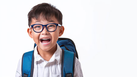 Young asian boy round glasses in excitement to go to school , he wearing a blue backpack, against white background. His expression is one of eager anticipation and joy. AI Generated.の素材