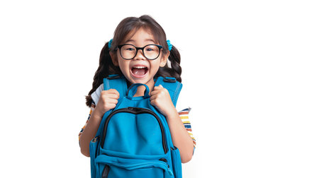 Young asian girl round glasses in excitement to go to school , she wearing a blue backpack, against white background. her expression is one of eager anticipation and joy. AI Generated .の素材