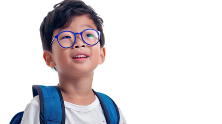 Young asian boy round glasses in excitement to go to school , he wearing a blue backpack, against white background. His expression is one of eager anticipation and joy. AI Generated.の素材